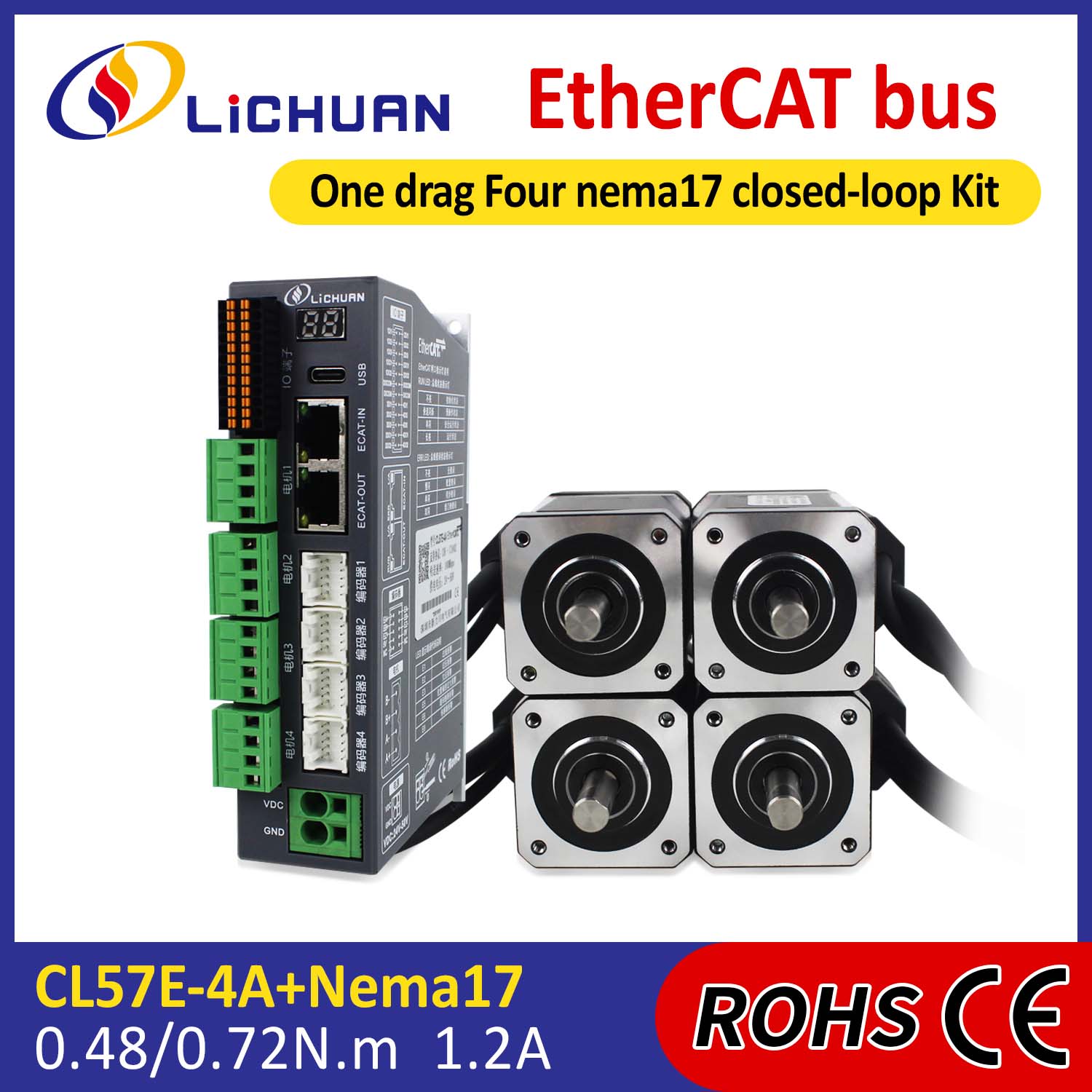 Kit Tiománaithe Mótair Stepper Lúb Dúnta EtherCAT 2Phase Nema17 4-Ais DC