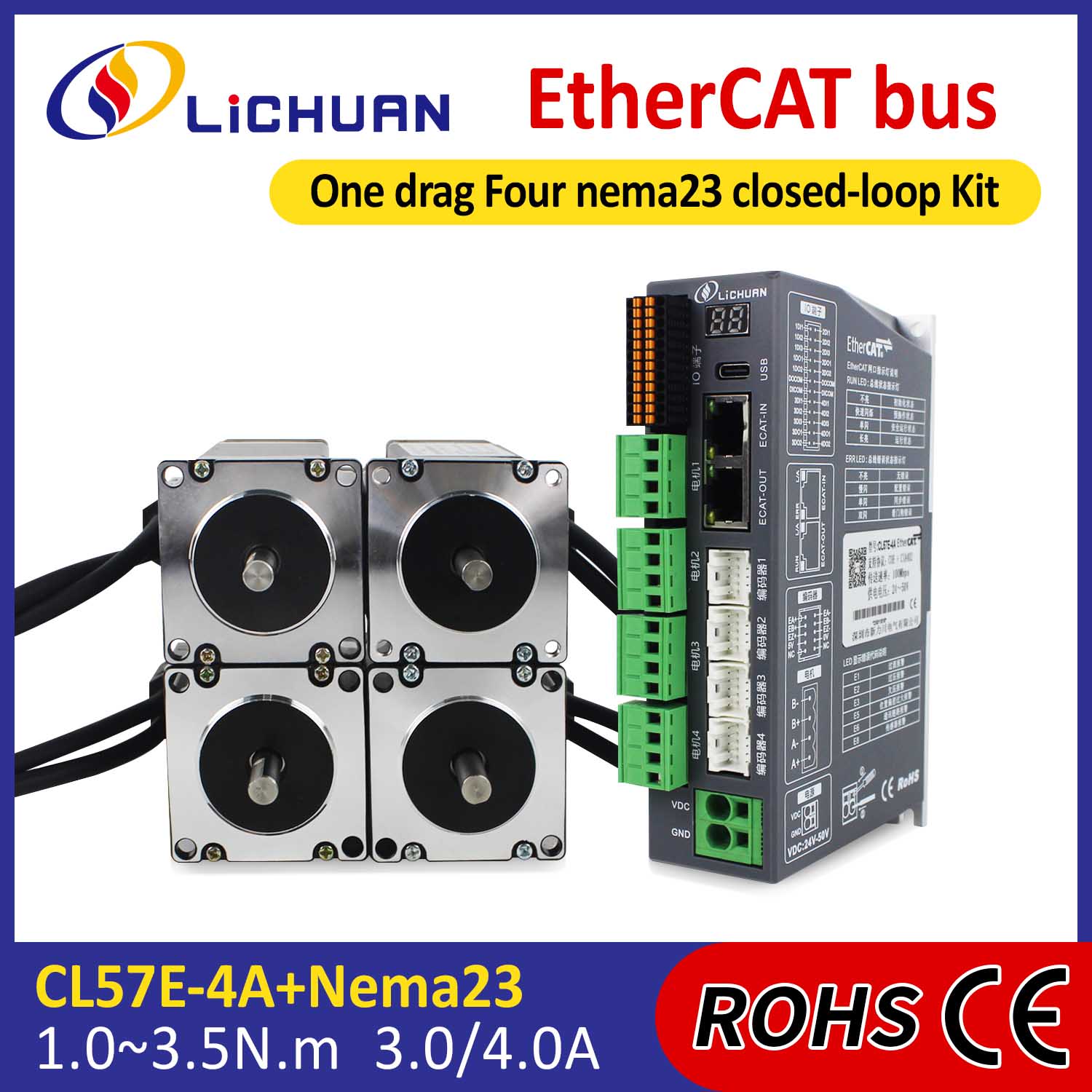 Kit Tiománaithe Mótair Stepper Lúb Dúnta EtherCAT 2Phase Nema23 4-Ais DC