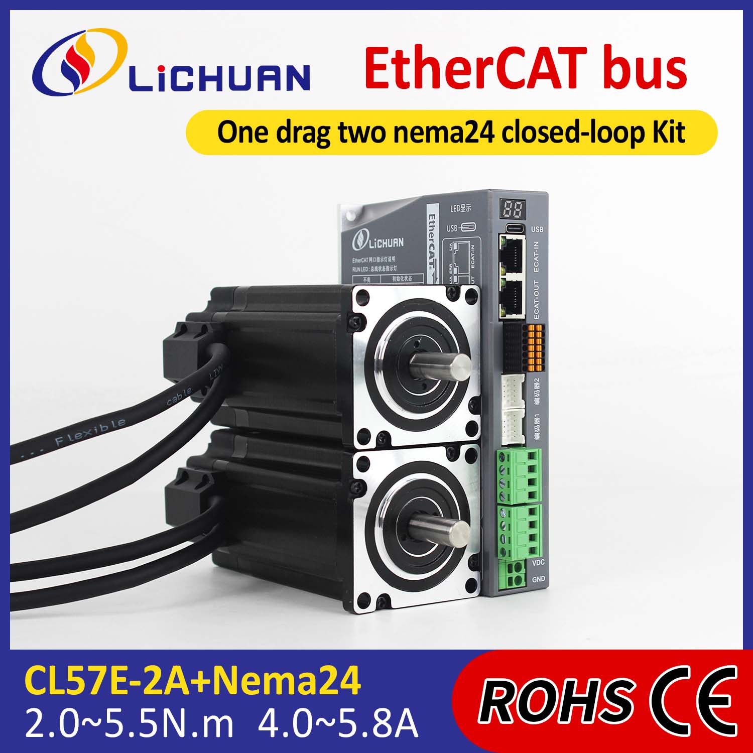 Kit Tiománaithe Mótair Stepper Lúb Dúnta EtherCAT 2Phase Nema24 2-Ais DC
