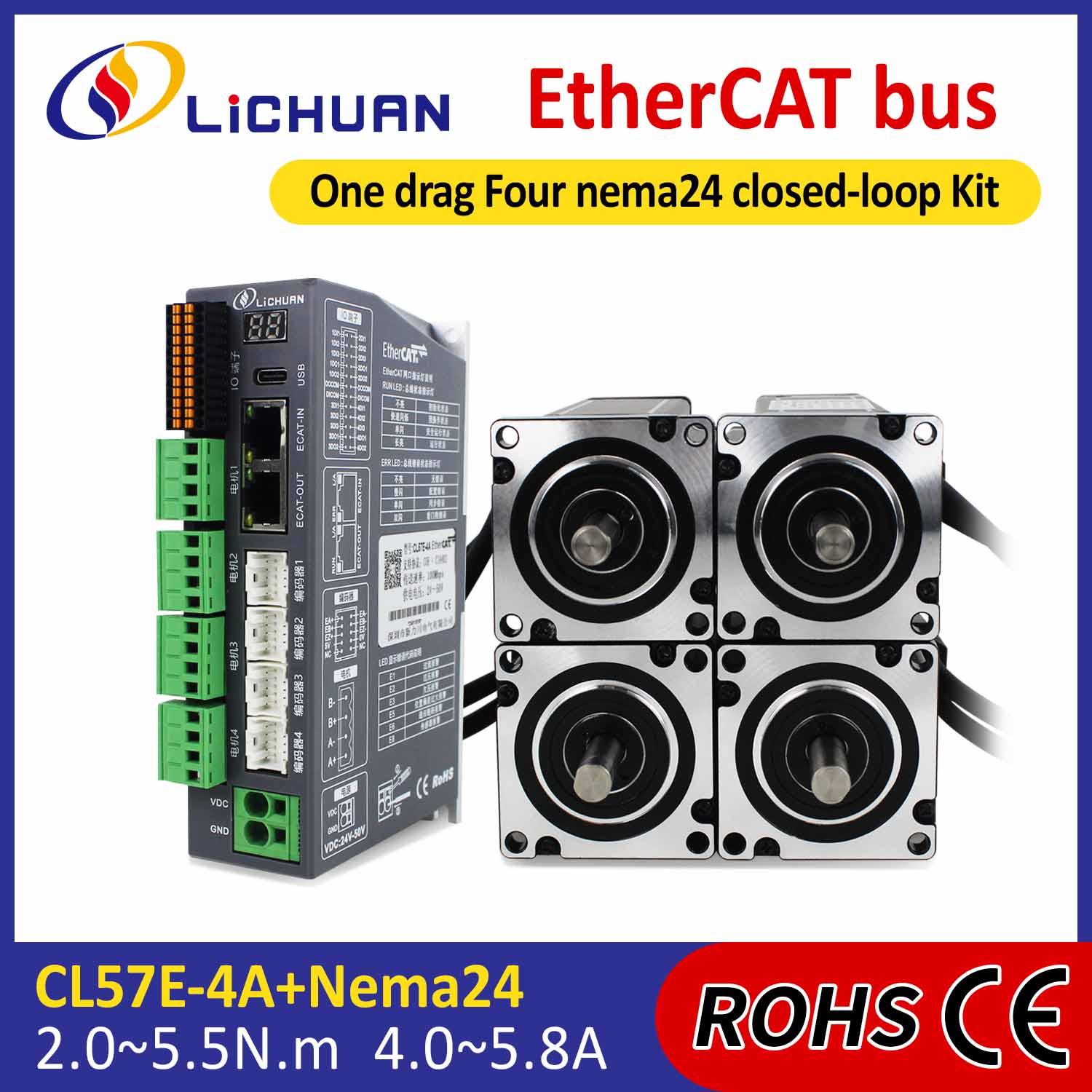 Kit Tiománaithe Mótair Stepper Lúb Dúnta EtherCAT 2Phase Nema24 4-Ais DC