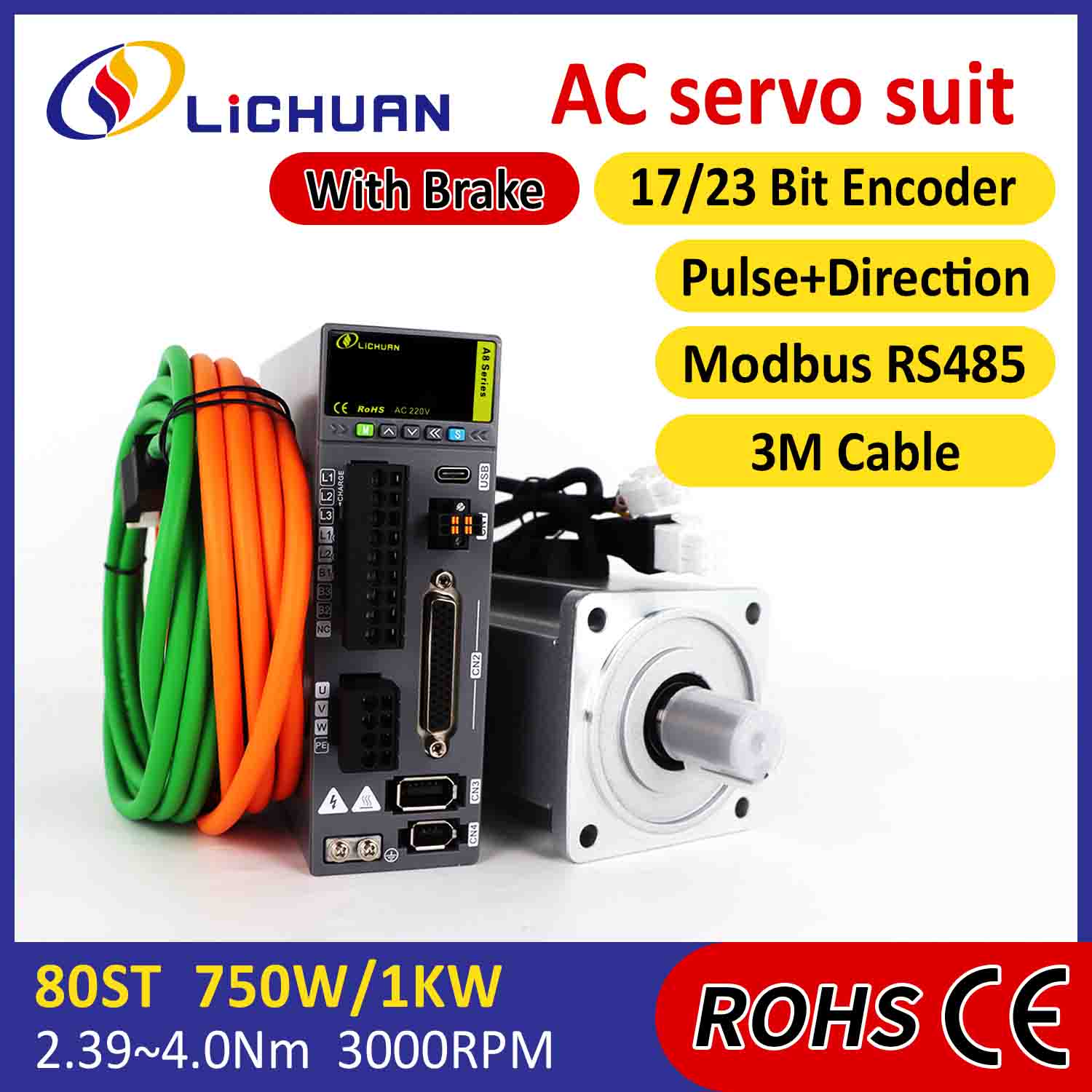 Kit Tiománaithe Mótair Lichuan AC Servo A8 Cruinneas Ard STO ABZ 1000W 1KW 3.2N.m 220V 5.8A 2500/3000RPM IP65