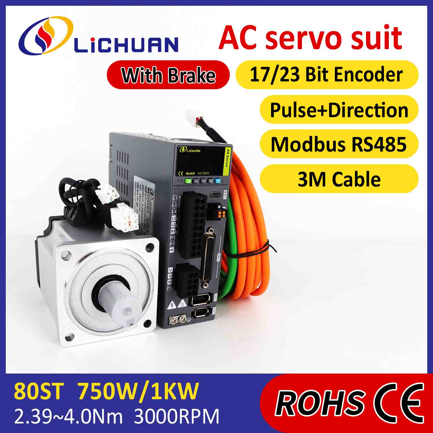 Kit Tiománaithe Mótair Lichuan AC Servo A8 Cruinneas Ard STO ABZ 1001W 1KW 4.0N.m 220V 4.6A 2500/3000RPM IP65