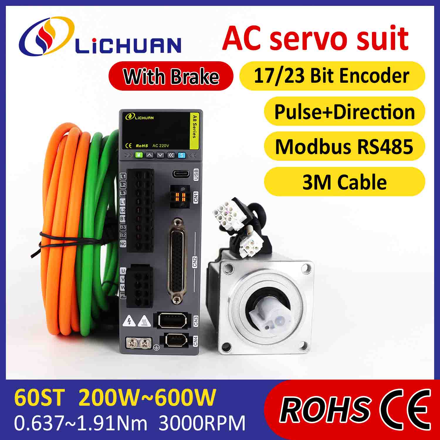 Kit Tiománaithe Mótair Lichuan AC Servo A8 Cruinneas Ard STO ABZ 200W 0.637N.m 220V 1.6A 3000RPM IP65