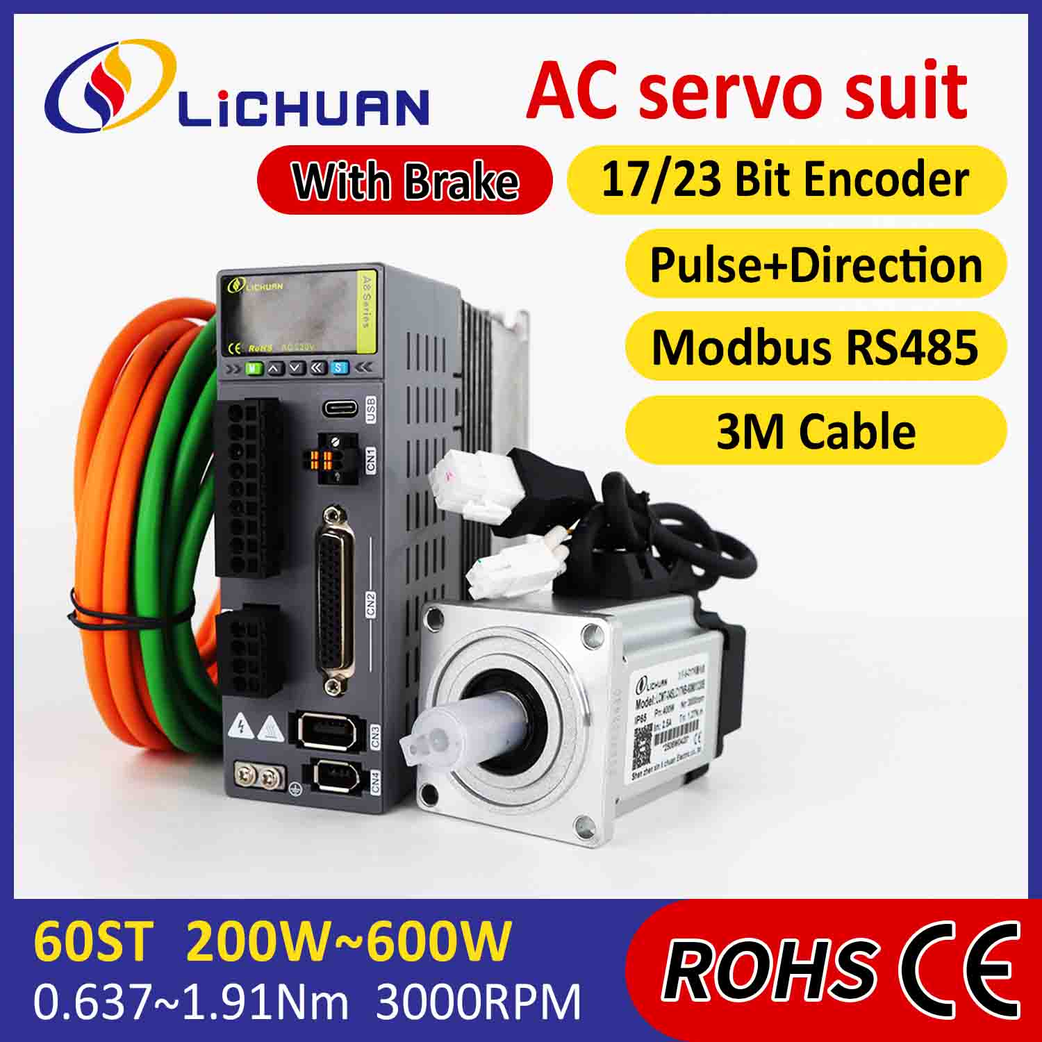 Kit Tiománaithe Mótair Lichuan AC Servo A8 Cruinneas Ard STO ABZ 400W 1.27N.m 220V 2.5A 3000RPM IP65