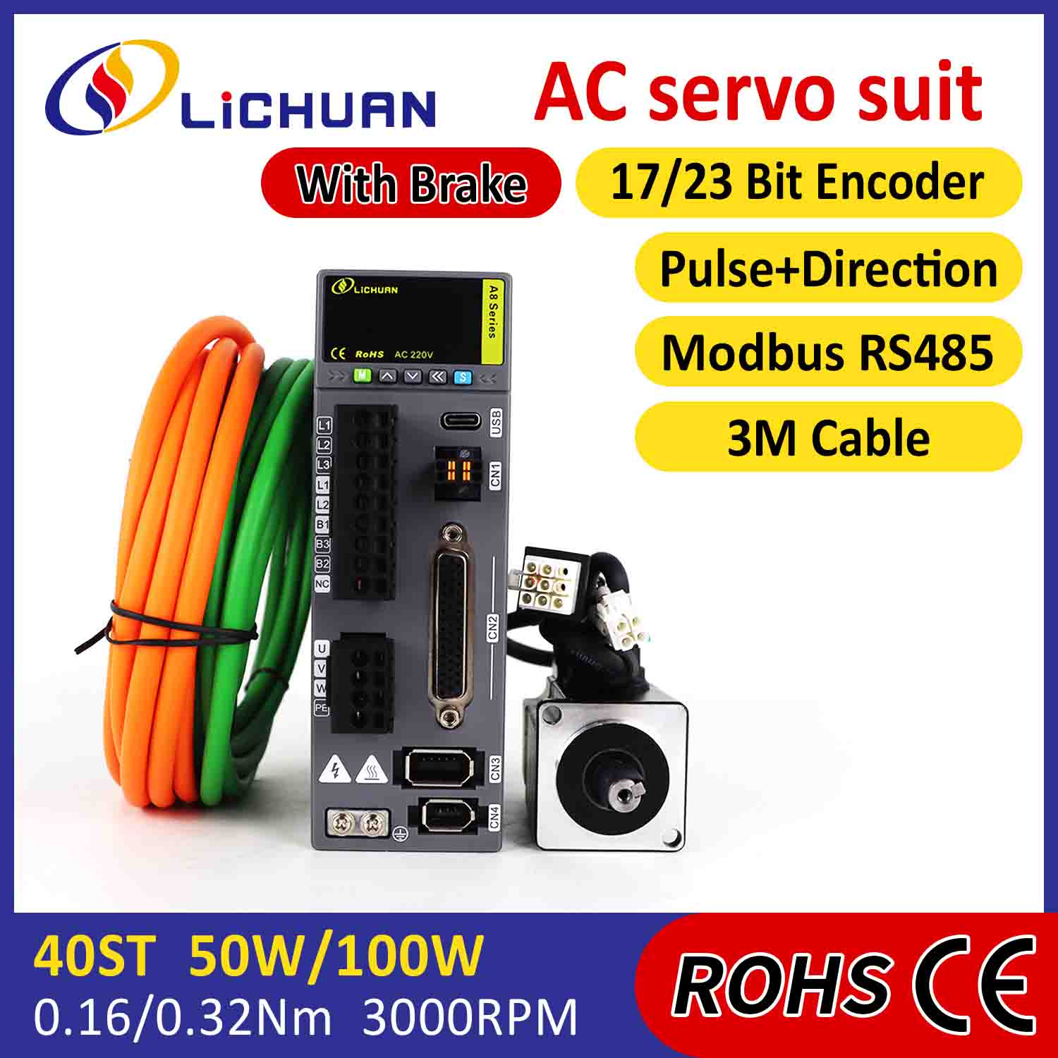 Kit Tiománaithe Mótair Lichuan AC Servo A8 Cruinneas Ard STO ABZ 50W 0.16N.m 220V 0.8A 3000RPM IP65