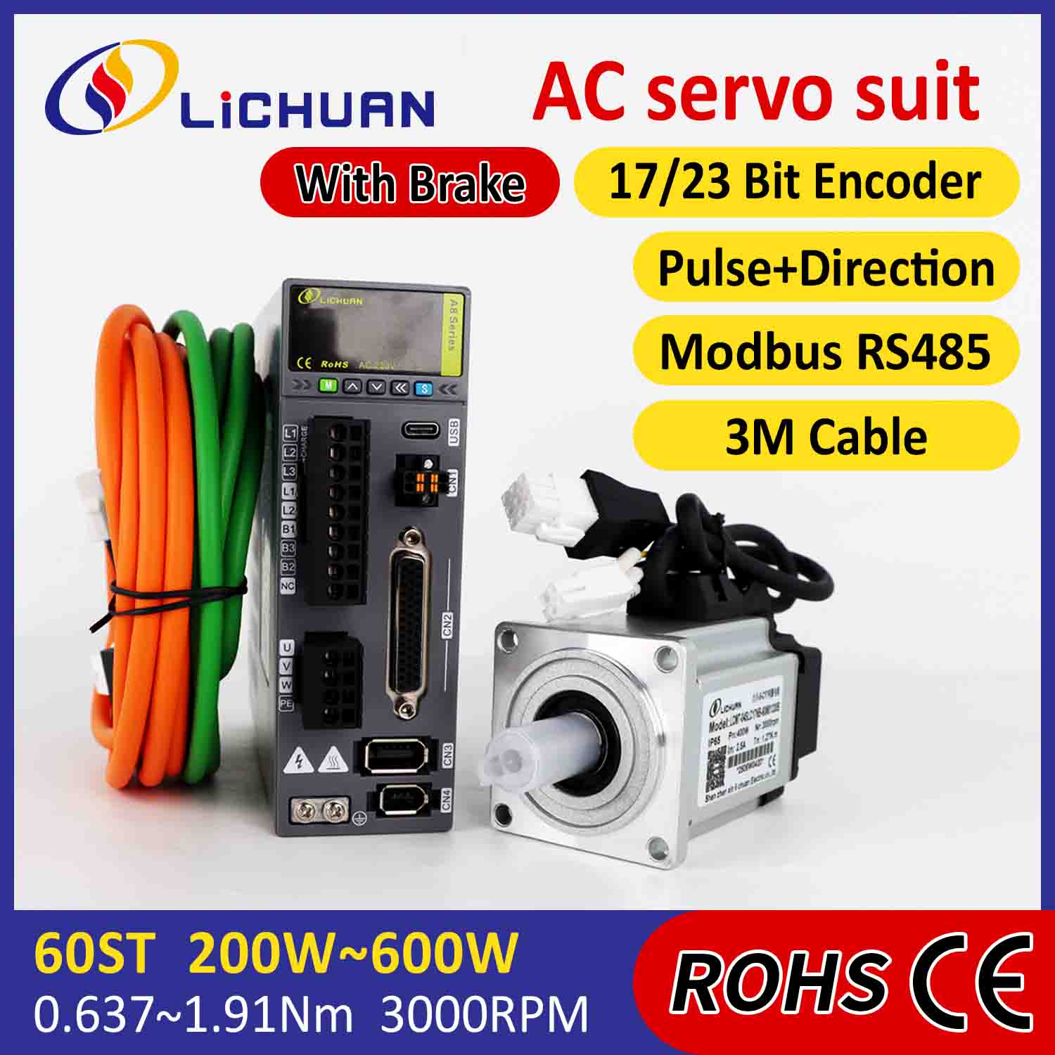 Kit Tiománaithe Mótair Lichuan AC Servo A8 Cruinneas Ard STO ABZ 600W 1.91N.m 220V 3.3A 3000RPM IP65