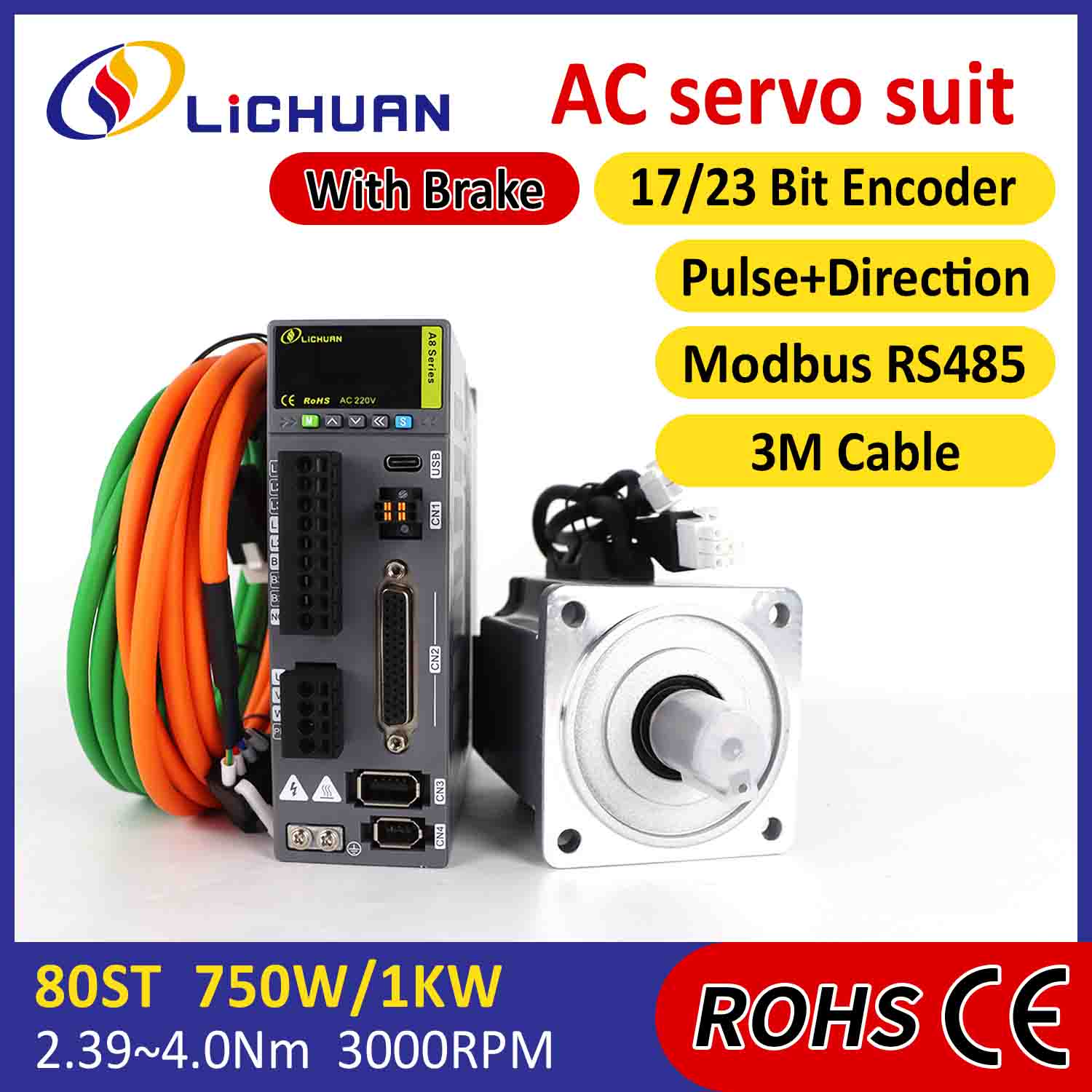 Kit Tiománaithe Mótair Lichuan AC Servo A8 Cruinneas Ard STO ABZ 750W 0.75KW 2.39N.m 220V 4.5A 2500/3000RPM IP65