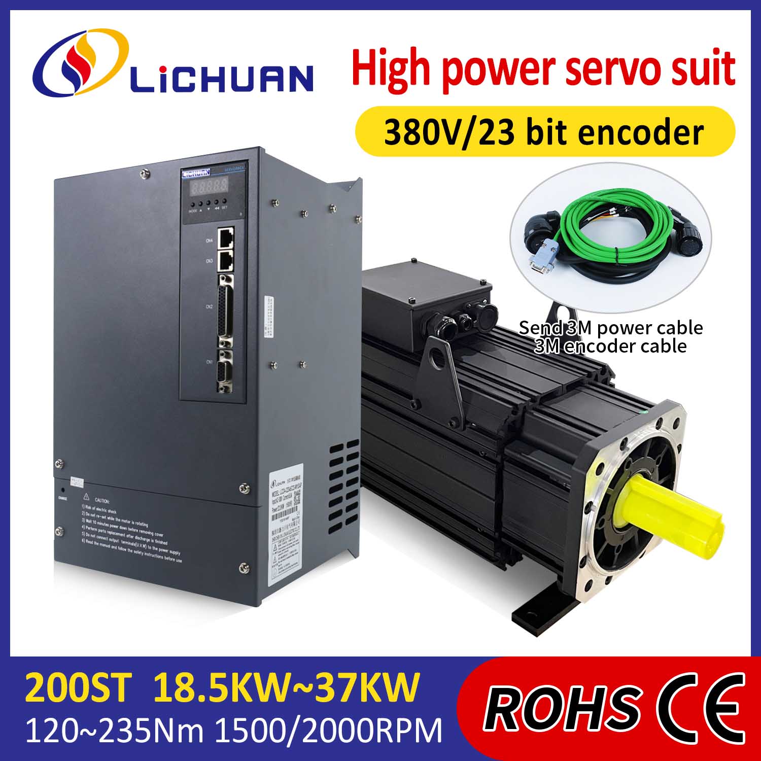 Kit Tiománaithe Mótair Lichuan AC Servo HIGH POWER 120N.m 18.5KW AC380V 31.8A 1500/2000RPM IP65