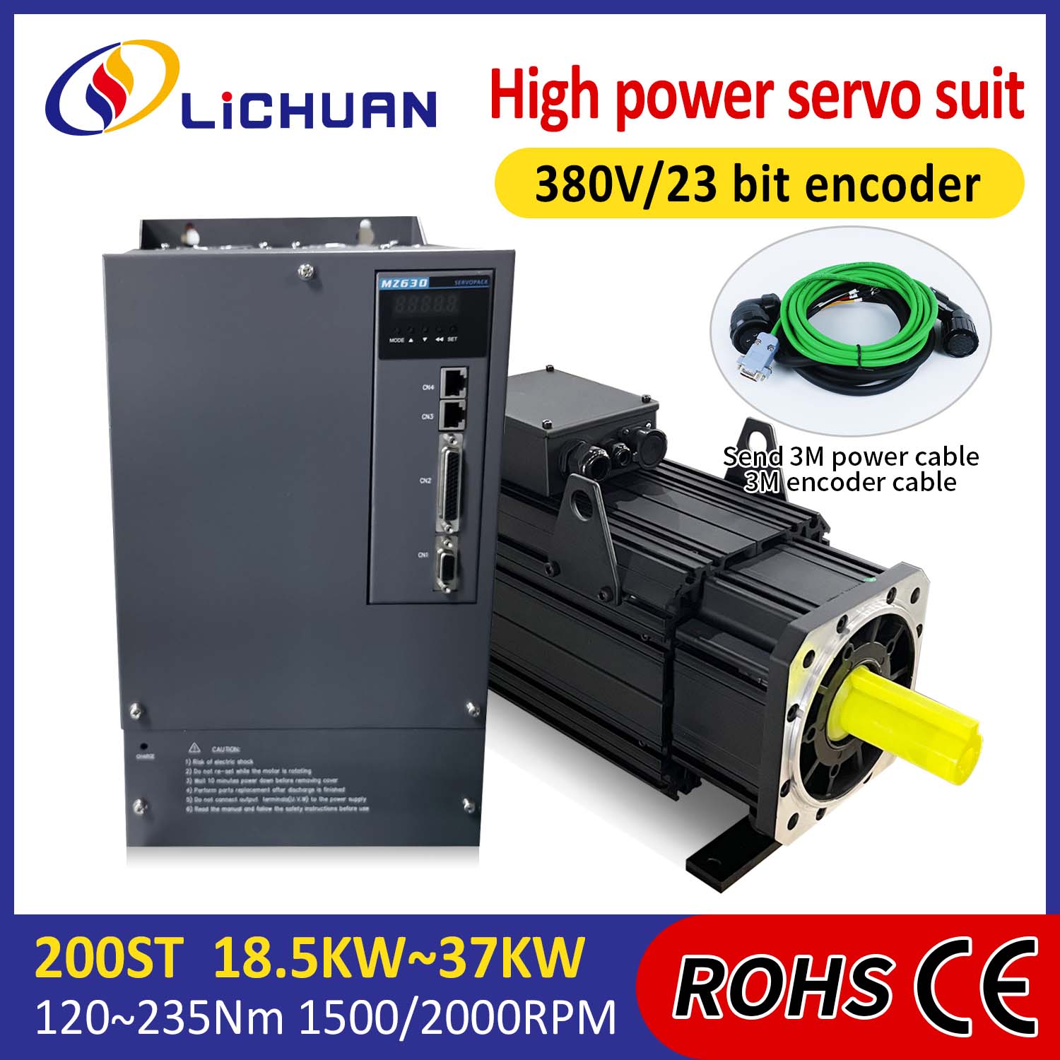 Kit Tiománaithe Mótair Lichuan AC Servo HIGH POWER 88N.m 18.5KW AC380V 31.6A 1500/2000RPM IP65