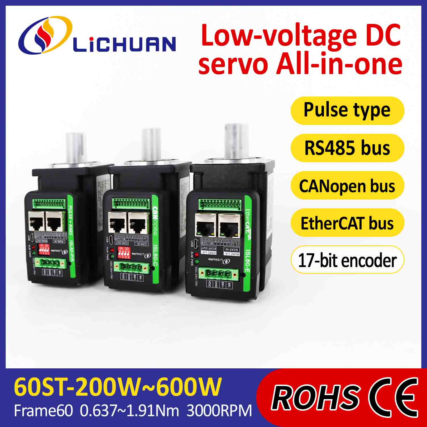 Tiománaí Lichuan Servo Motors Comhtháite L-chruthach 400W 1.27N.m DC24/48V 6.0/10/12/15A 3000RPM IP65