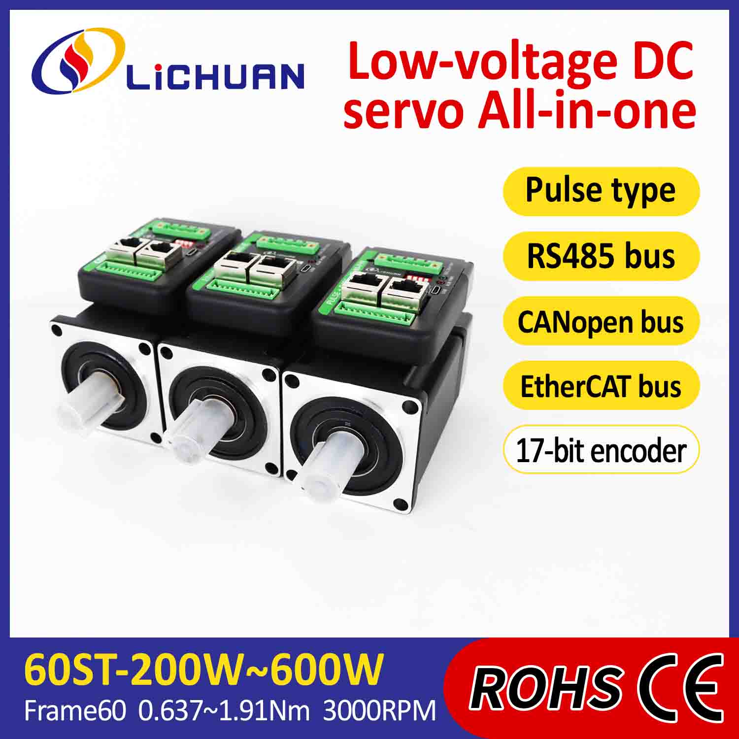 Tiománaí Lichuan Servo Motors Comhtháite L-chruthach 600W 1.91N.m DC24/48V 6.0/10/12/15A 3000RPM IP65