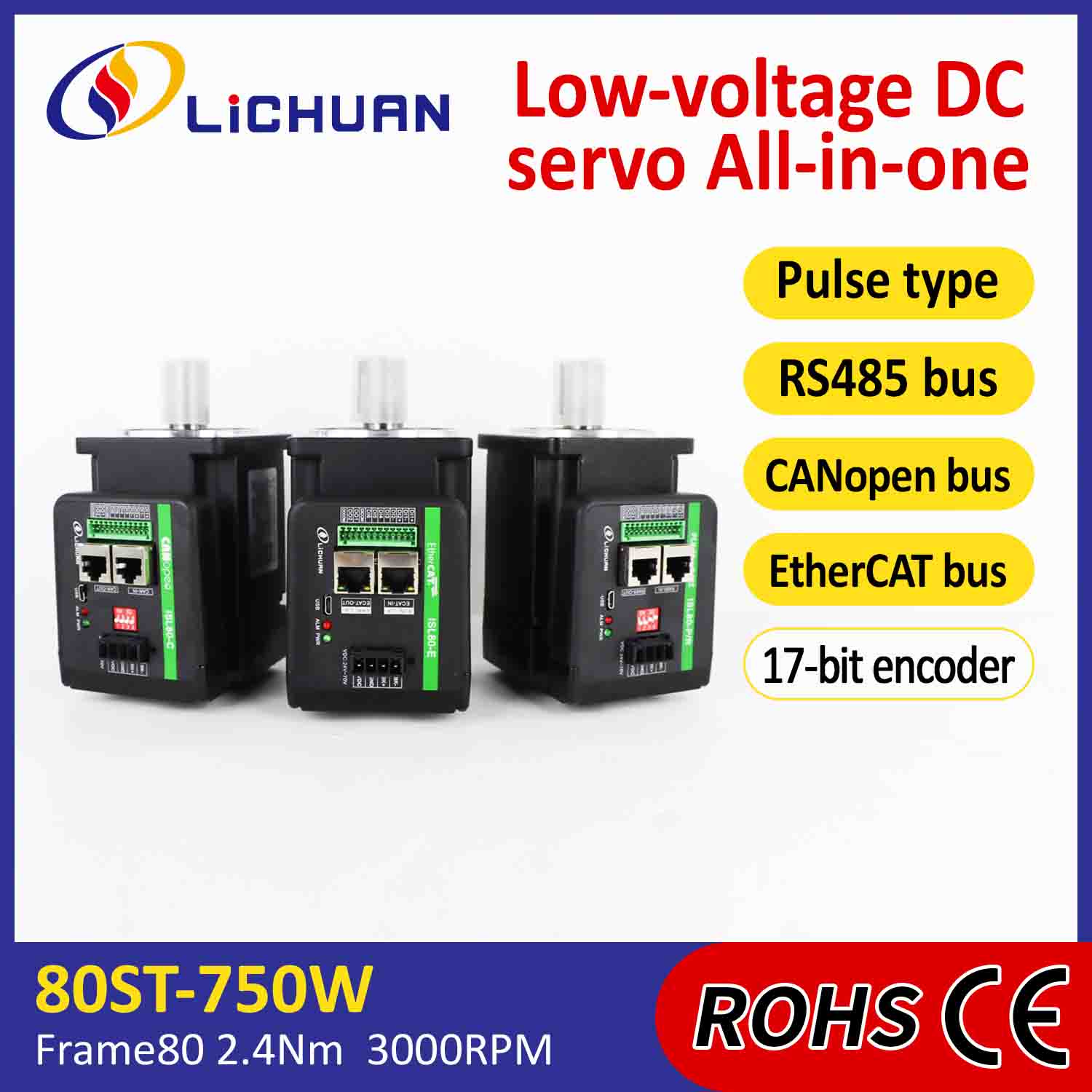 Tiománaí Lichuan Servo Motors Comhtháite L-chruthach 750W 2.4N.m DC48V 20A 3000RPM IP65