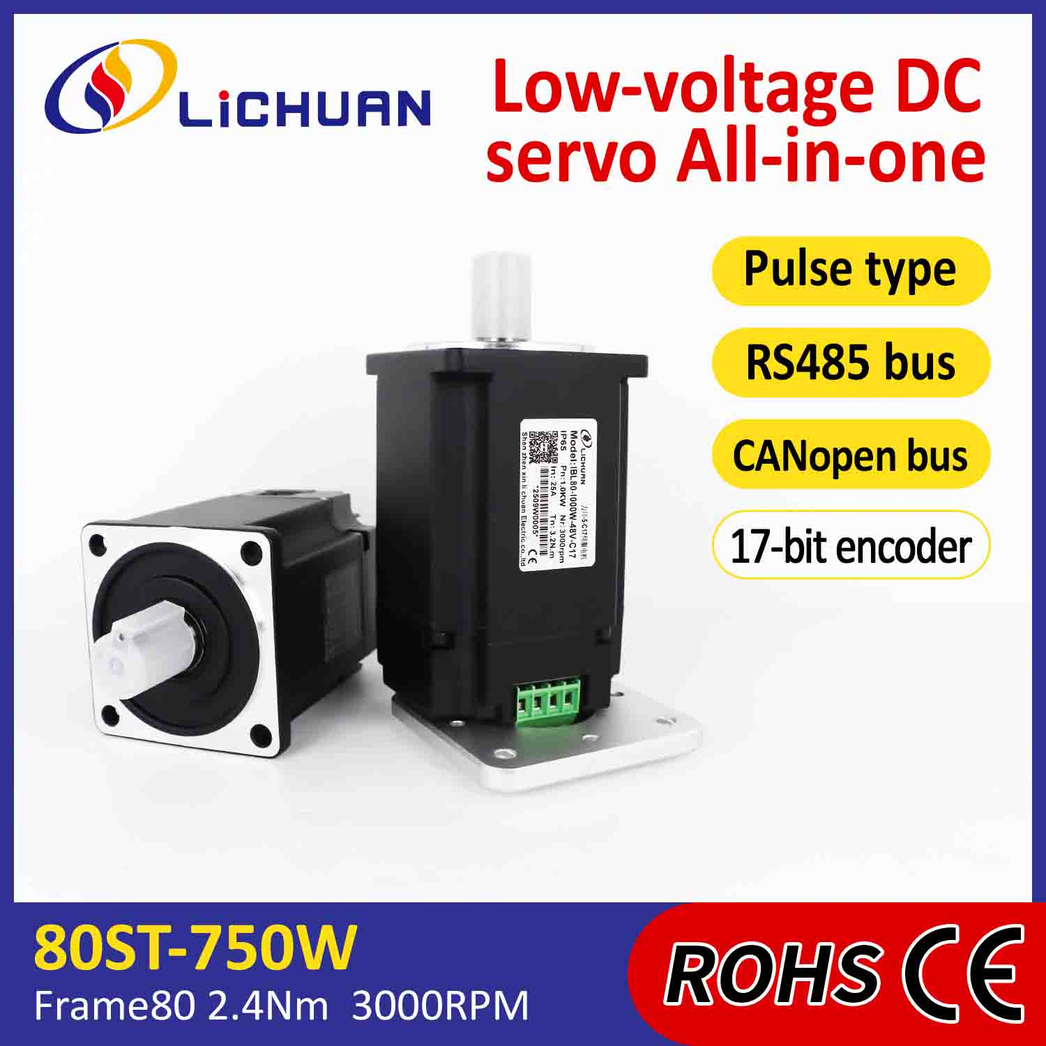 Tiománaí Lichuan Servo Motors Pulse/RS485/CANopen Control 1000W 3.2N.m DC48V 20/25A 3000RPM IP65