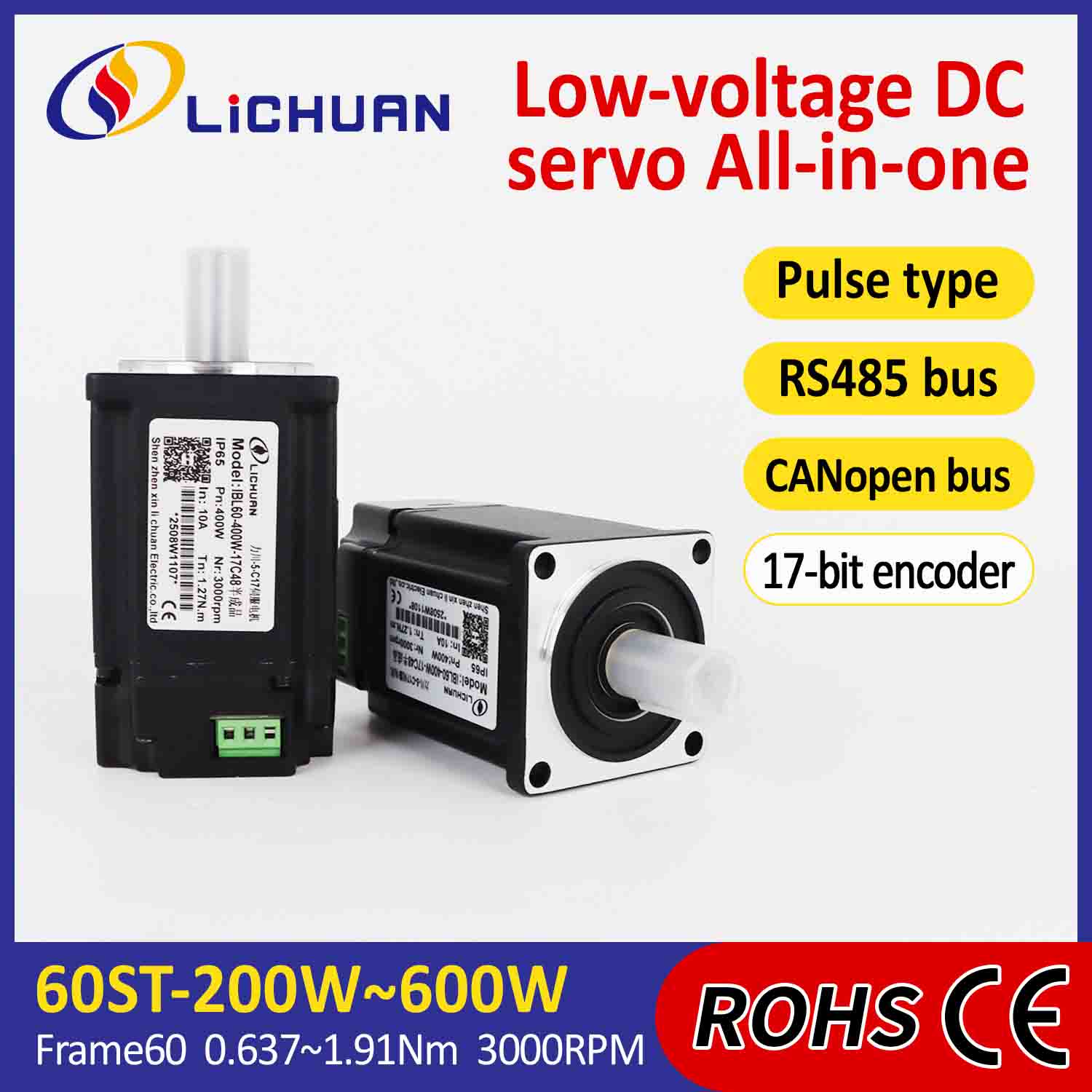 Tiománaí Lichuan Servo Motors Pulse/RS485/CANopen Control 600W 1.91N.m DC24/48V 6/10/12/15A 3000RPM IP65