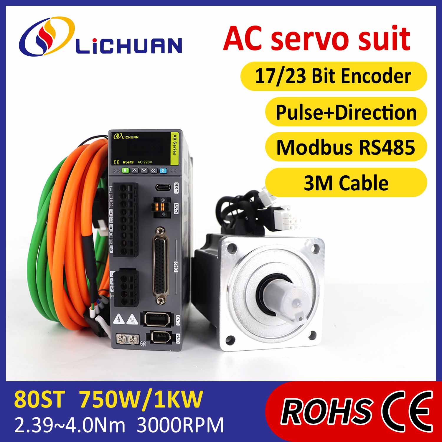Pulse/RS485 750W/1000W/1001W 2500/3000RPM A8 Ardchruinneas STO ABZ AC Servo Motor Drivers Kit