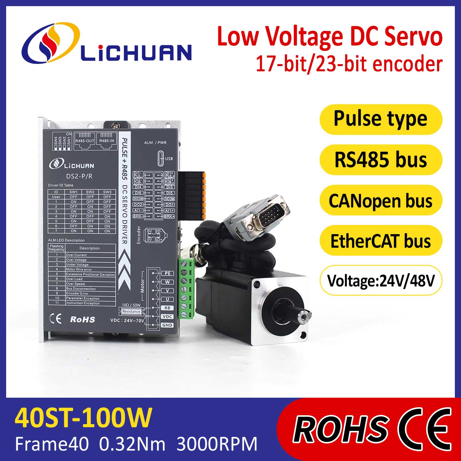 Pulse/RS485/CANopen/EtherCAT 40 FLANGED 100W Íseal-Voltais DC Servo Trealamh Tiománaithe Mótair