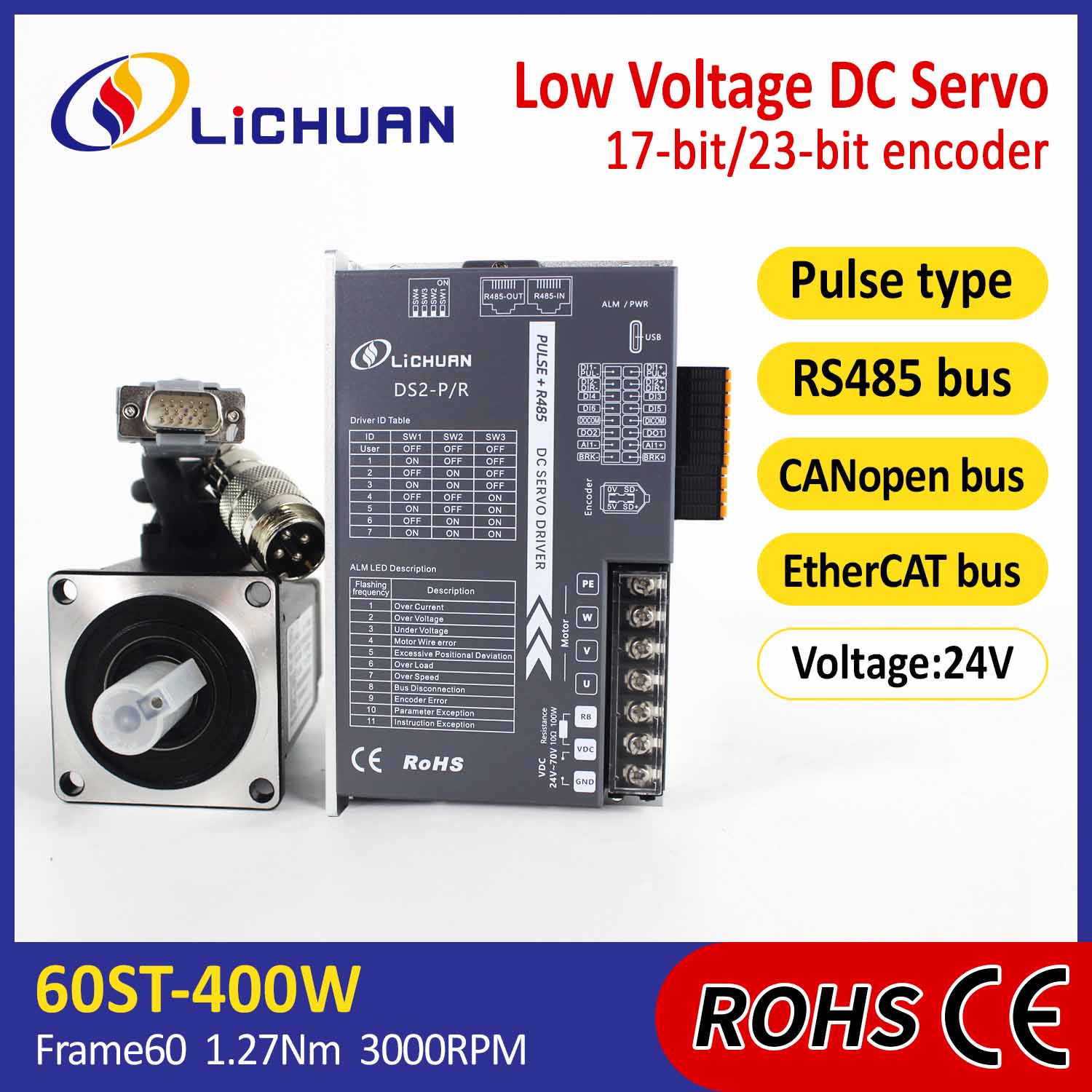 Pulse/RS485/CANopen/EtherCAT 60 FLANGED 400W Íseal-Voltas DC Servo Trealamh Tiománaithe Mótair