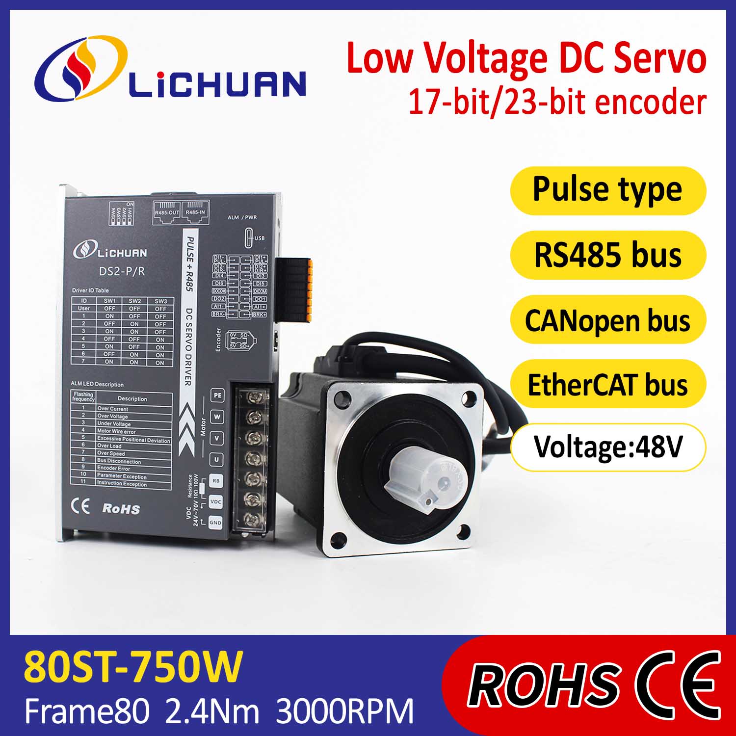 Pulse/RS485/CANopen/EtherCAT 80 FLANGED 750W Íseal-Voltas DC Servo Trealamh Tiománaithe Mótair